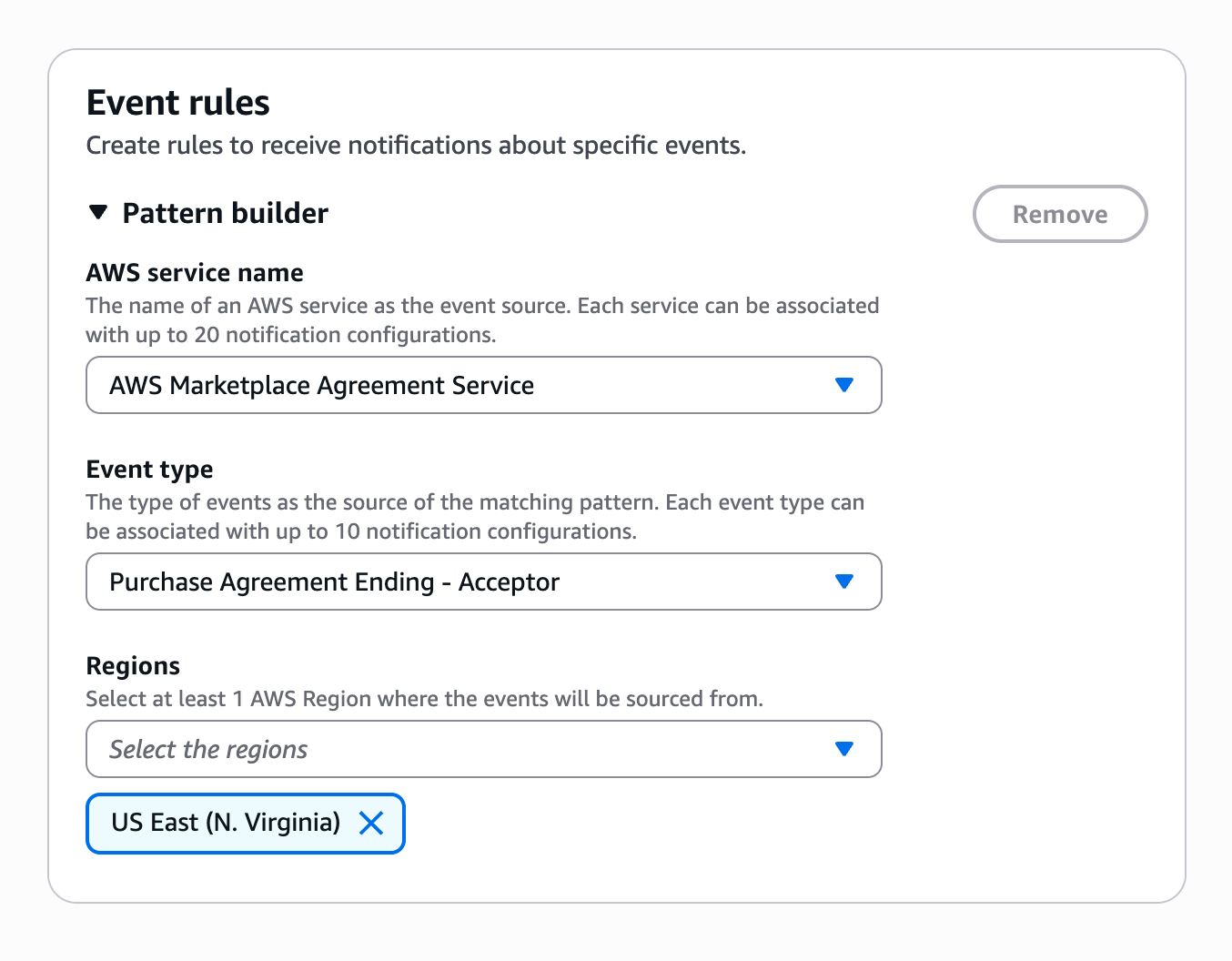 Pattern builder section showing AWS Marketplace Agreement Service selected with Purchase Agreement Ending - Acceptor event type and US East N. Virginia region.