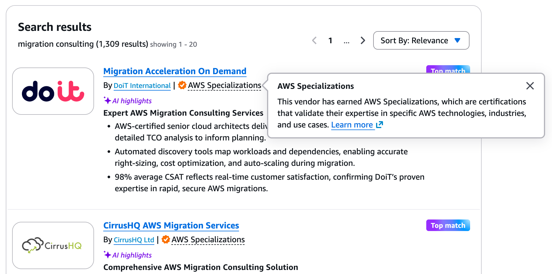 This image shows an example product listing with the AWS Specialization Par