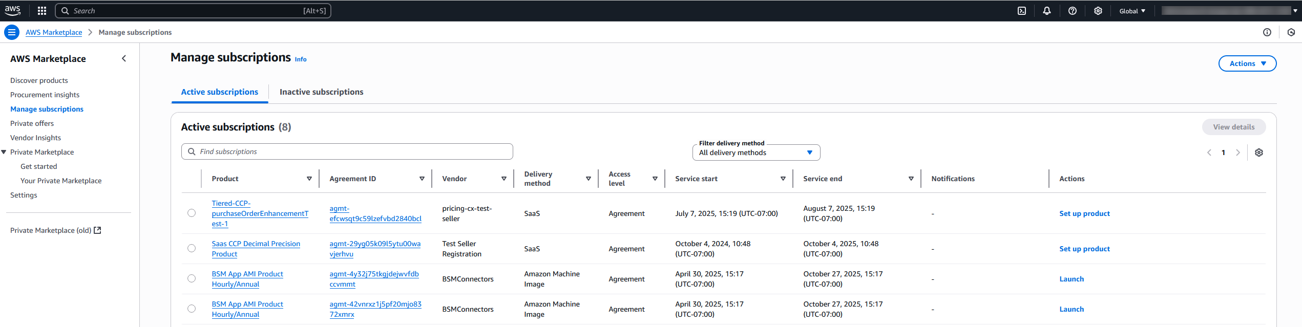 The Manage subscriptions page showing active subscriptions
