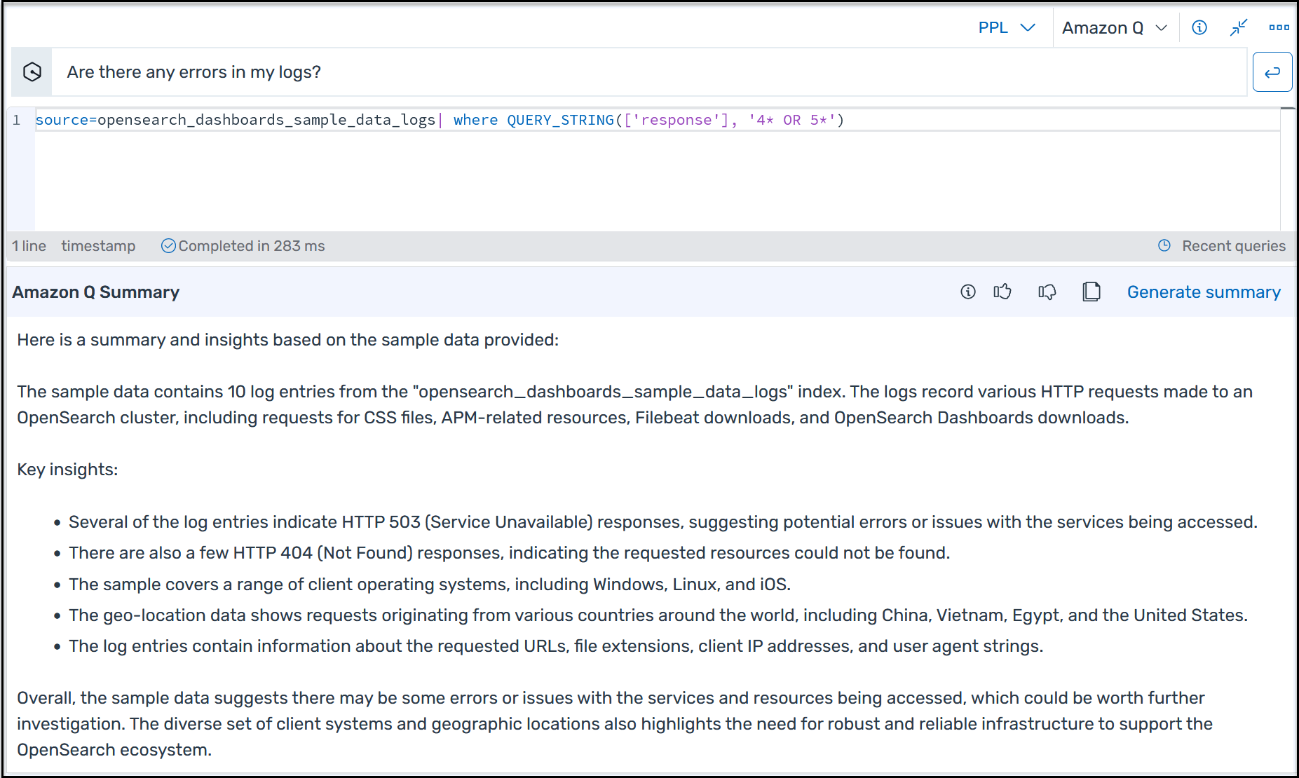 An example of an Amazon Q Developer natural language query and summary.