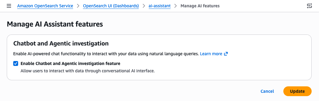 The Manage AI Assistant features page in the console showing the Enable Chatbot and Agentic investigation feature checkbox and the Update button.