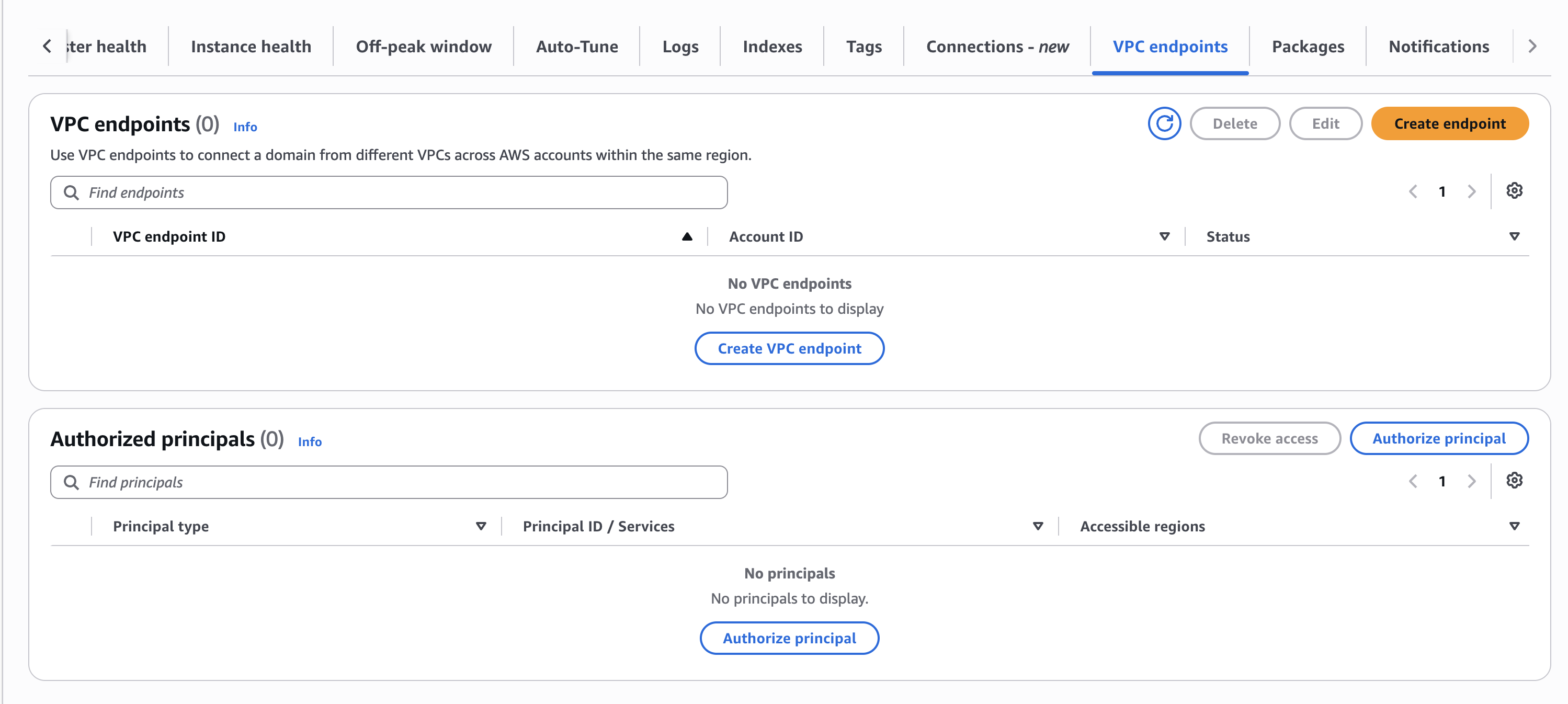 VPC endpoints tab with VPC endpoints and Authorized principals panels.