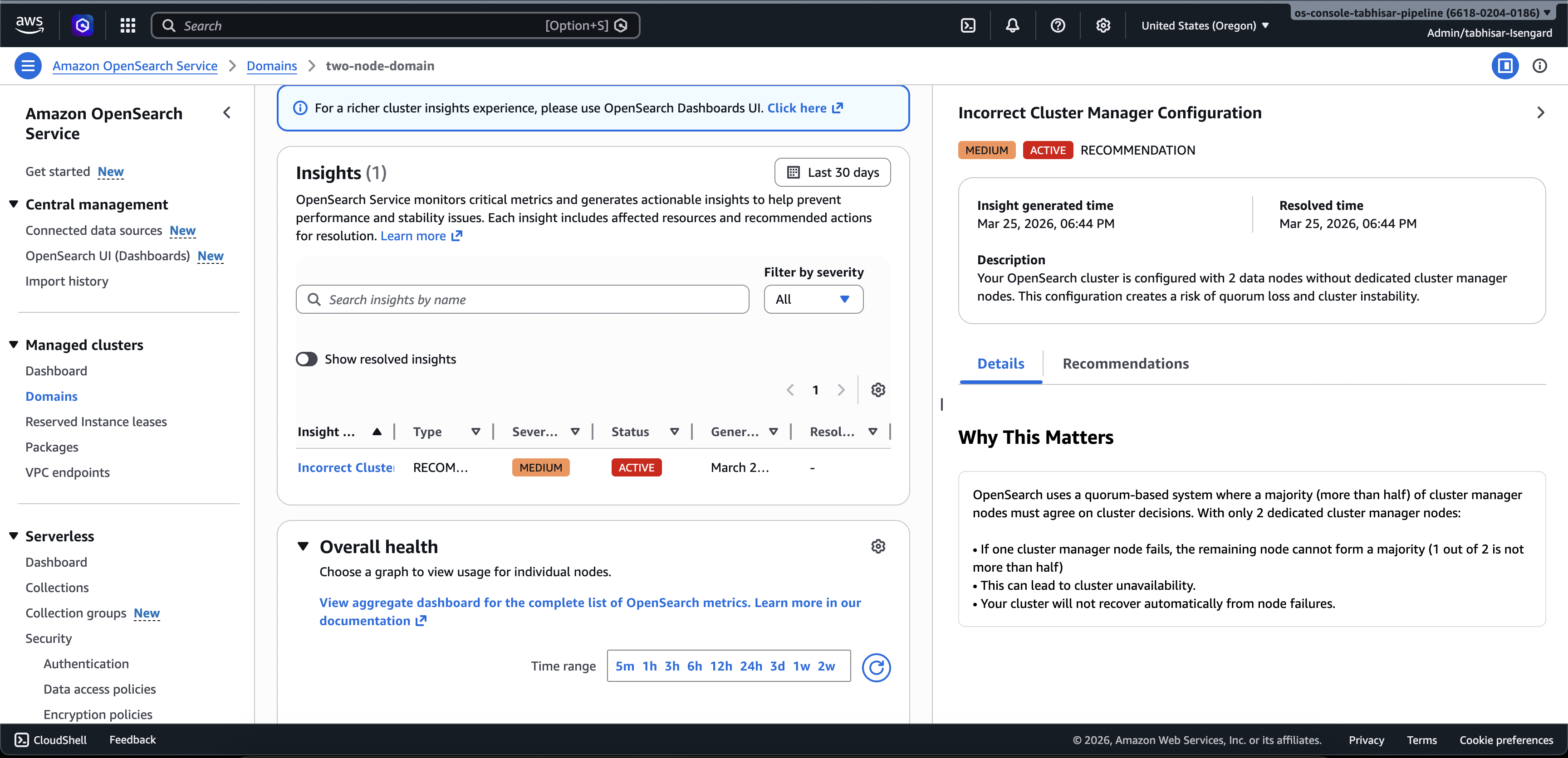 Insights panel showing Incorrect Cluster Manager Configuration recommendation with medium severity and active status.