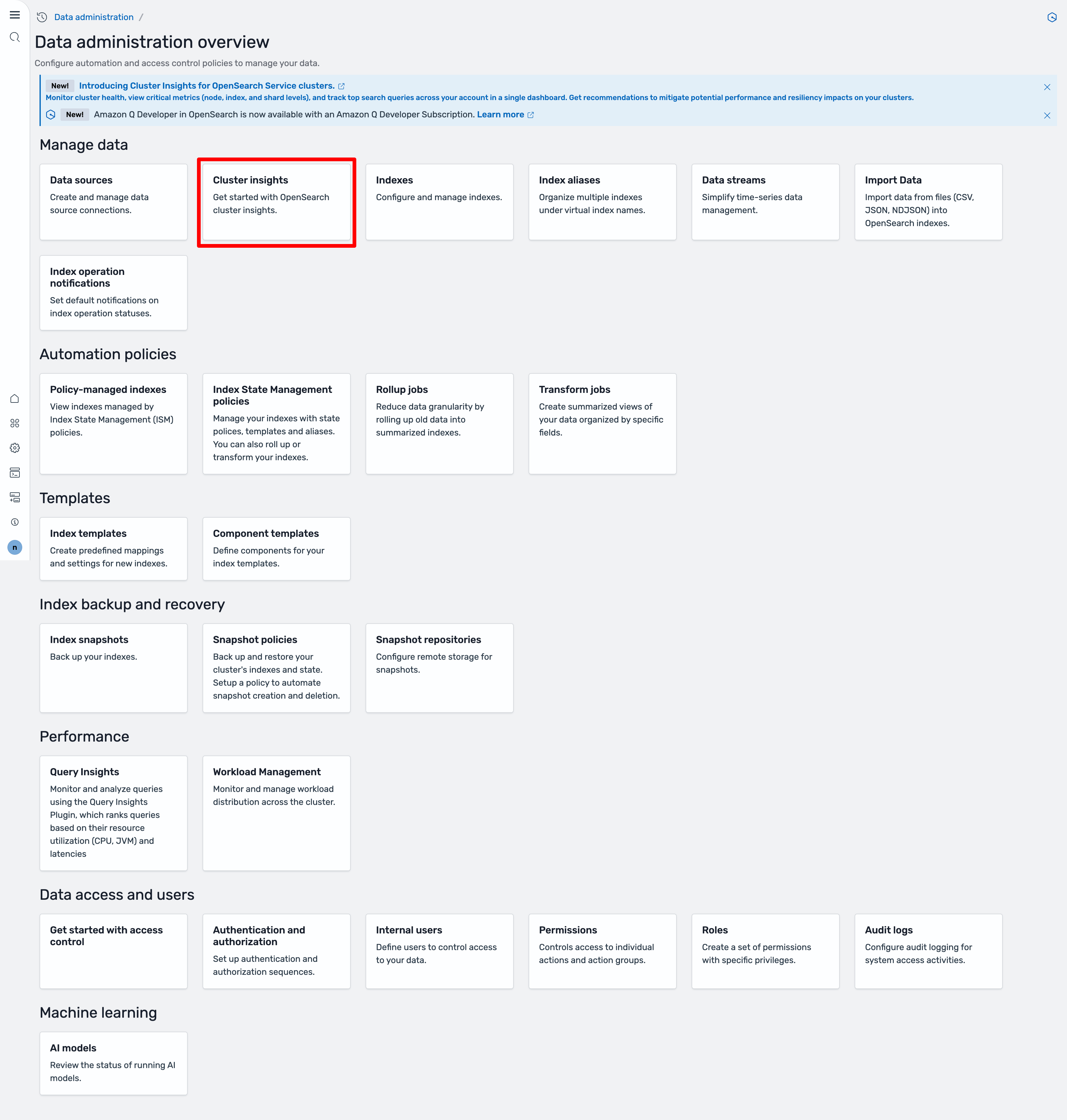 Cluster insights card highlighted in the Manage data section of the data administration overview.