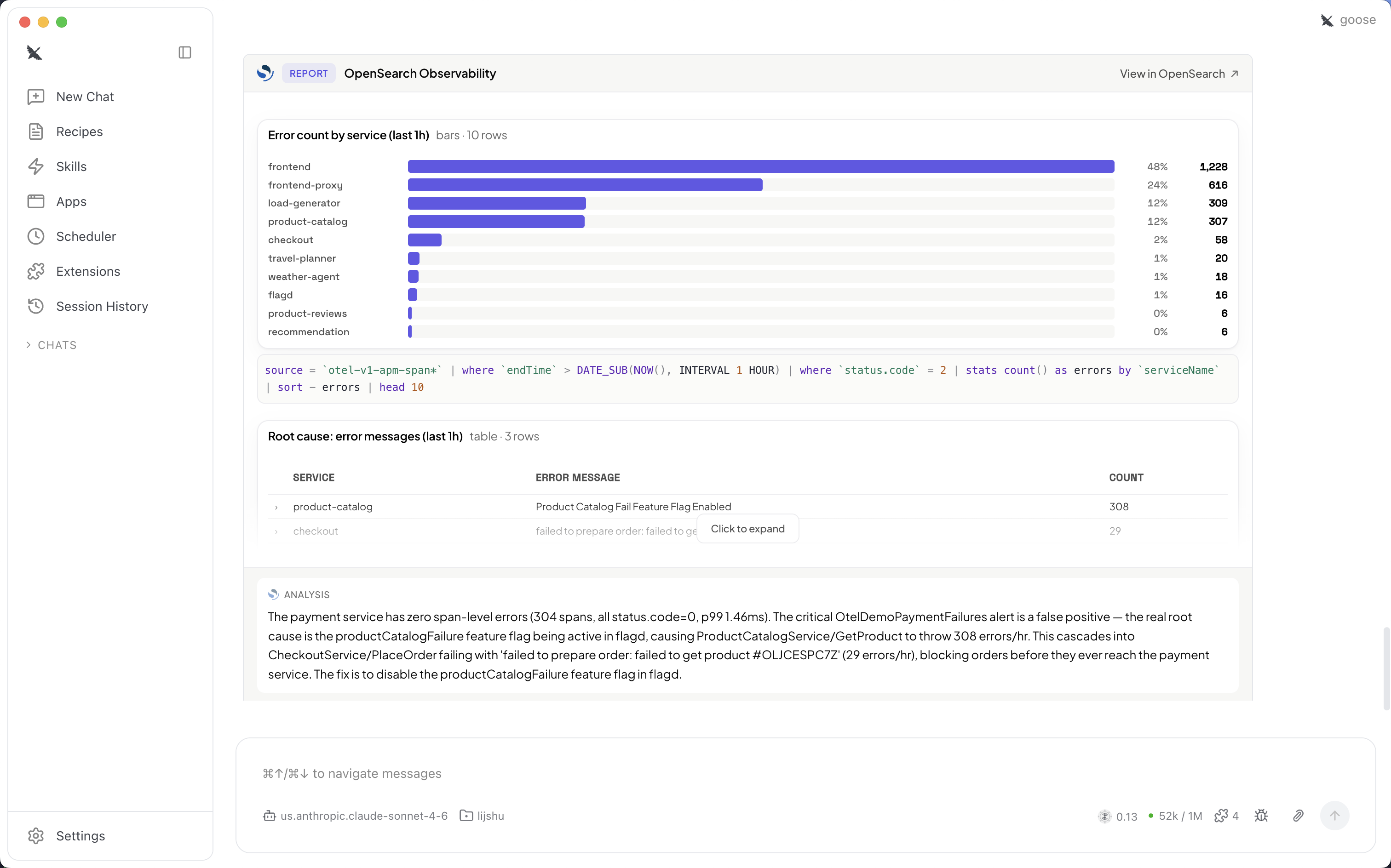MCP App observability report showing an error-count-by-service bar chart, a root cause table, and an analysis summary.