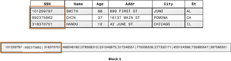 Records from a database table stored in disk blocks by column.