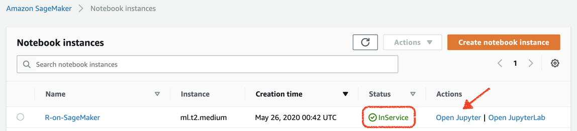 Location of the InService status and the Open Jupyter link in the console.