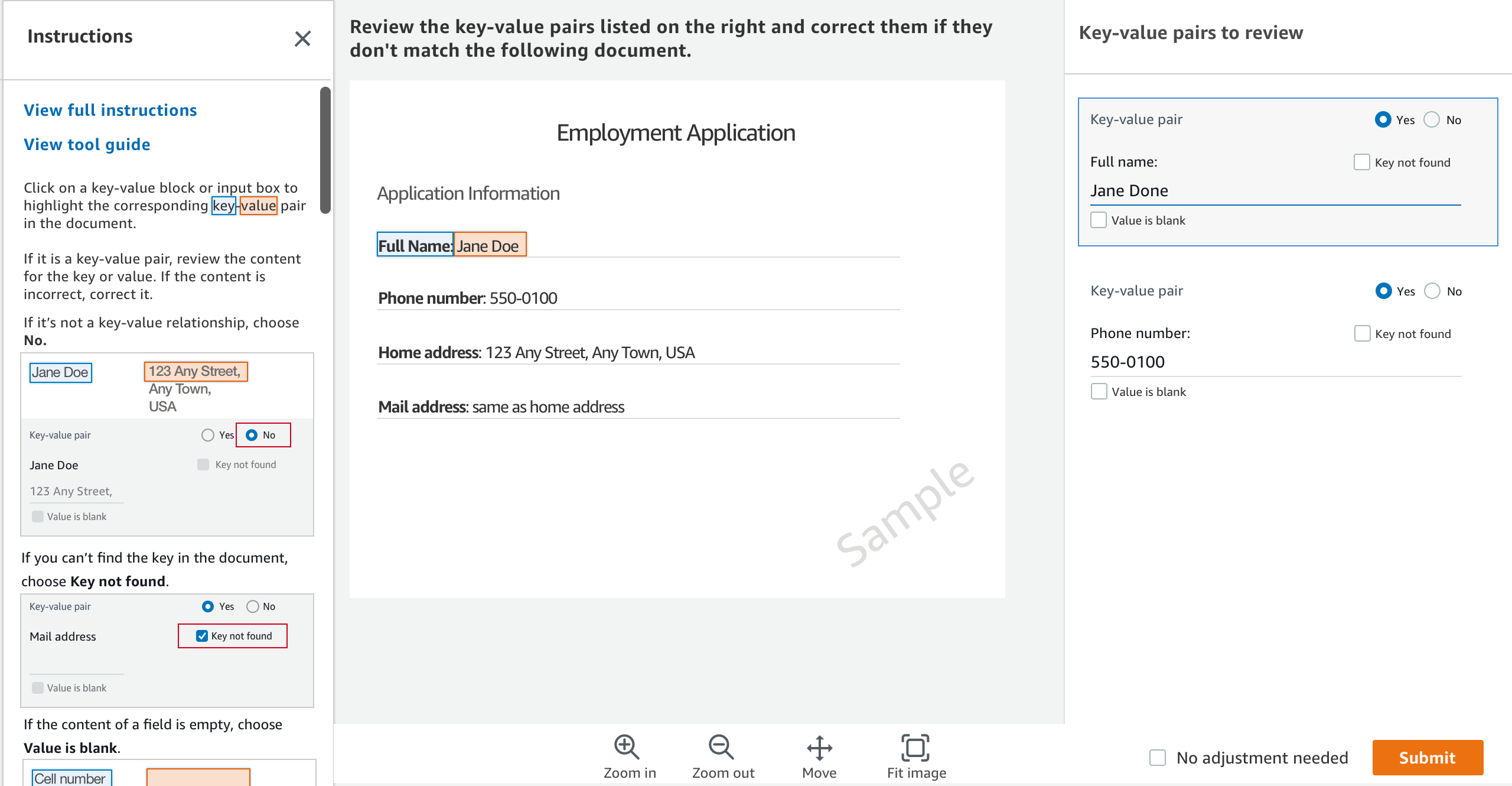 Example review task in the A2I Textract worker console.