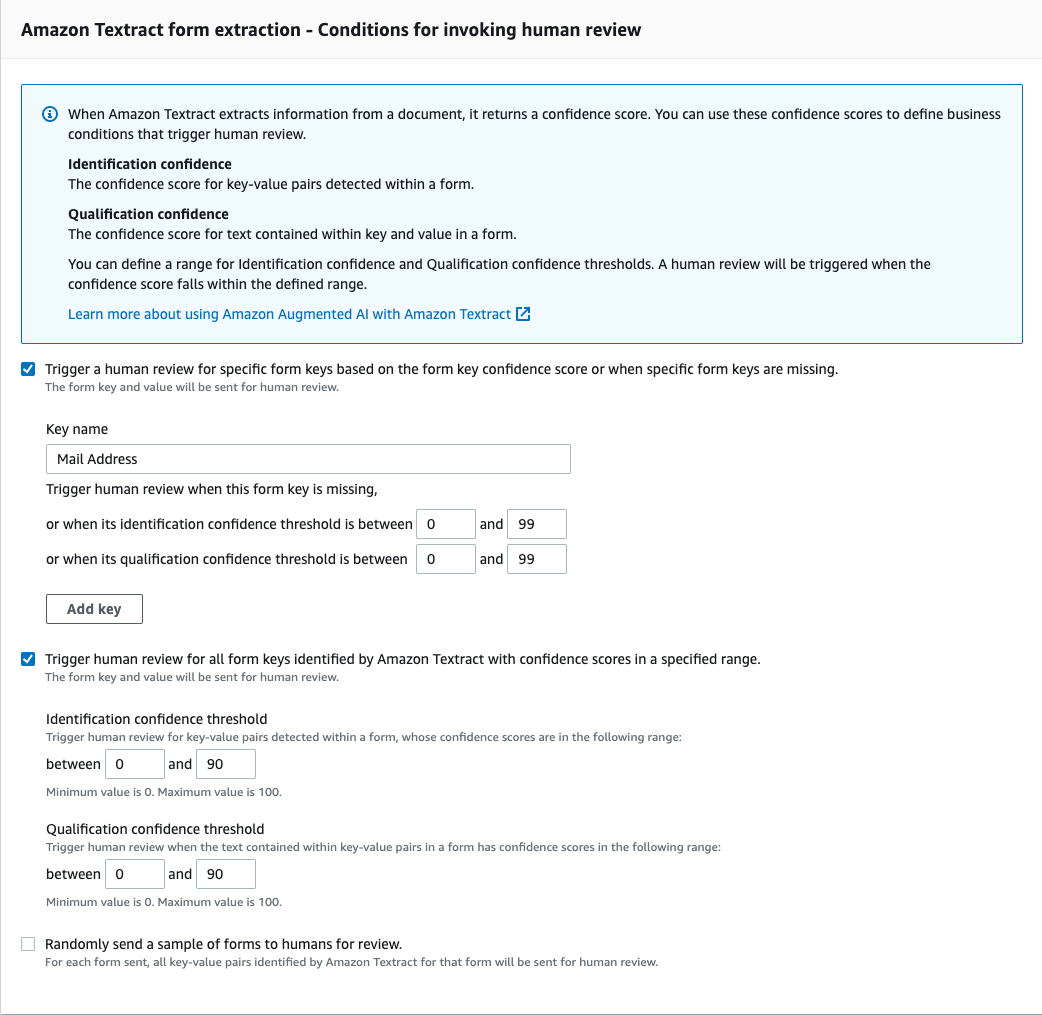 Amazon A2I console showing the conditions for invoking human review section.