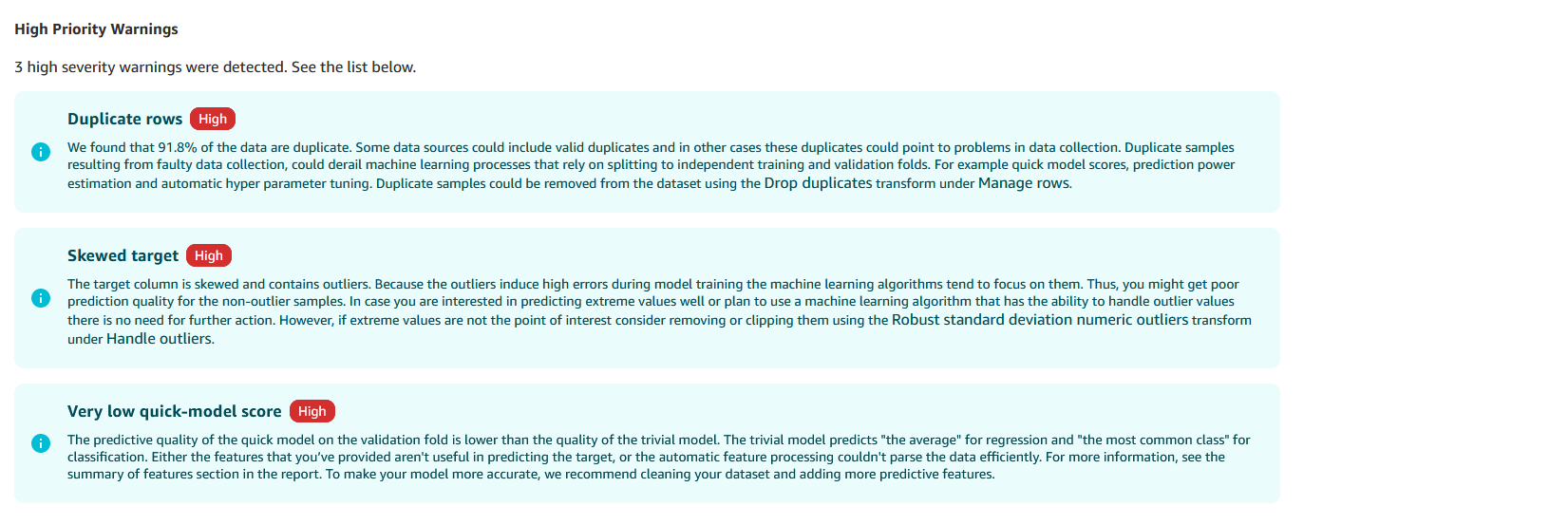 Duplicate rows, Skewed target, and Very low quick model score are listed as the insightsP