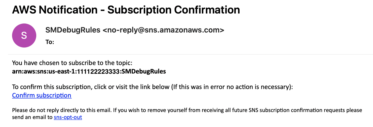 A subscription confirmation email message for the Amazon SNS SMDebugRules topic.