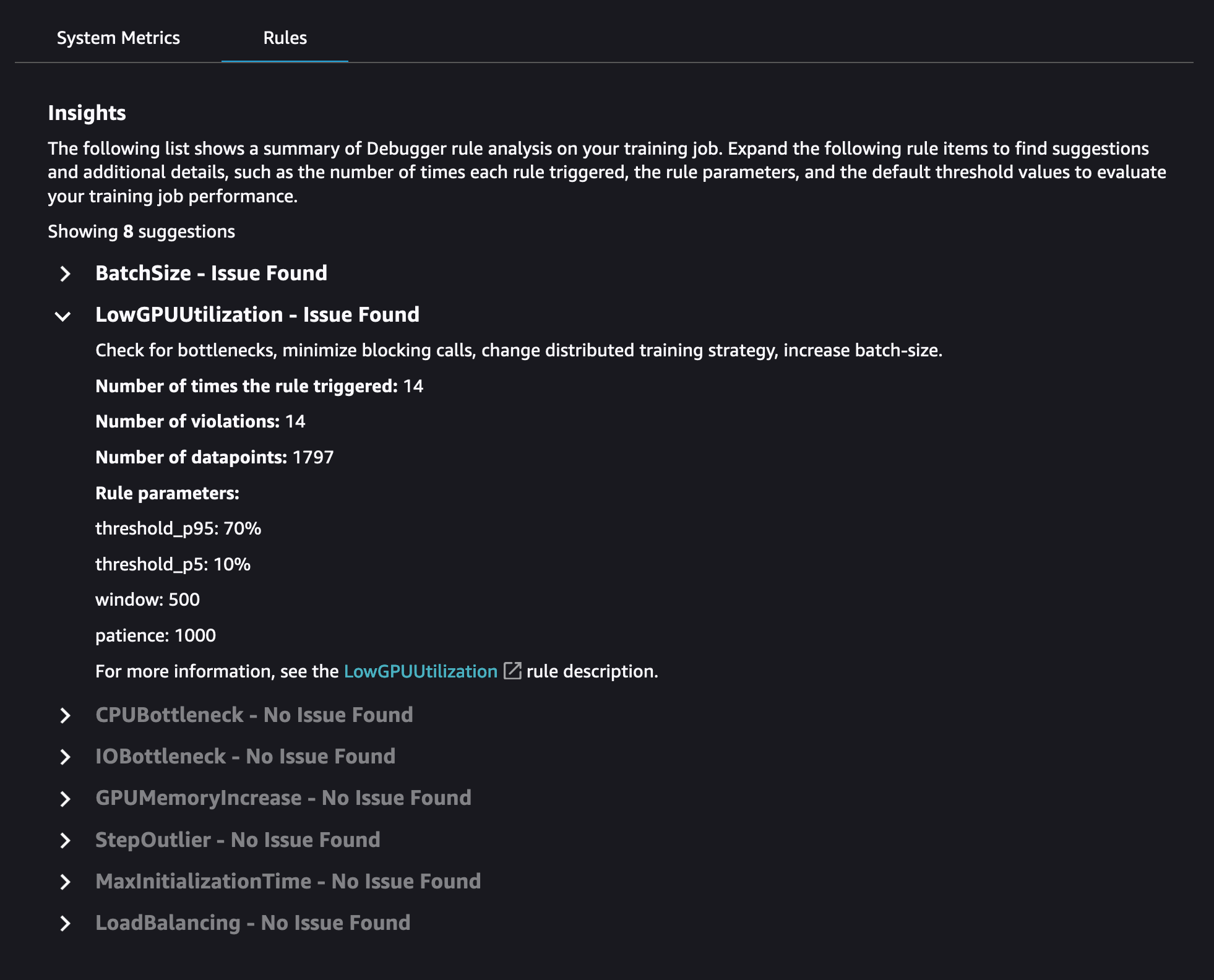 The Rules tab in the SageMaker Debugger Insights dashboard