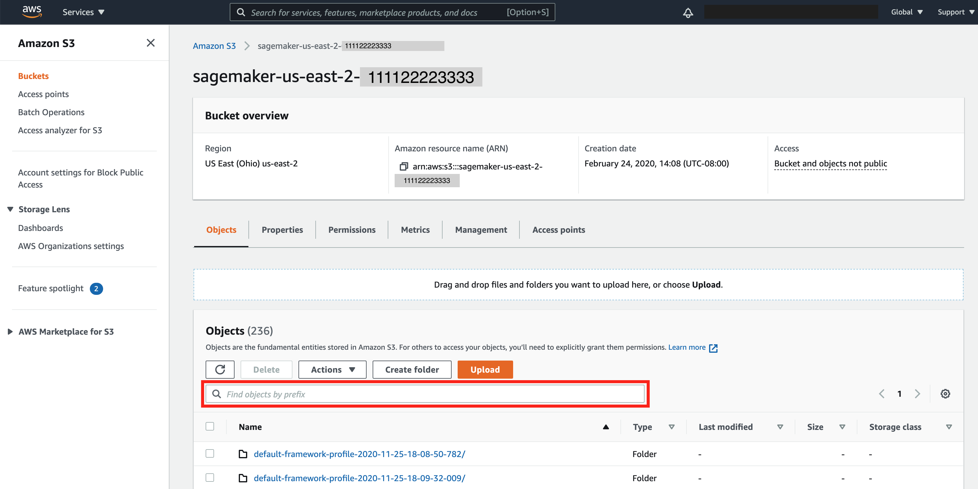 The Find objects by prefix field in the Amazon S3 console.