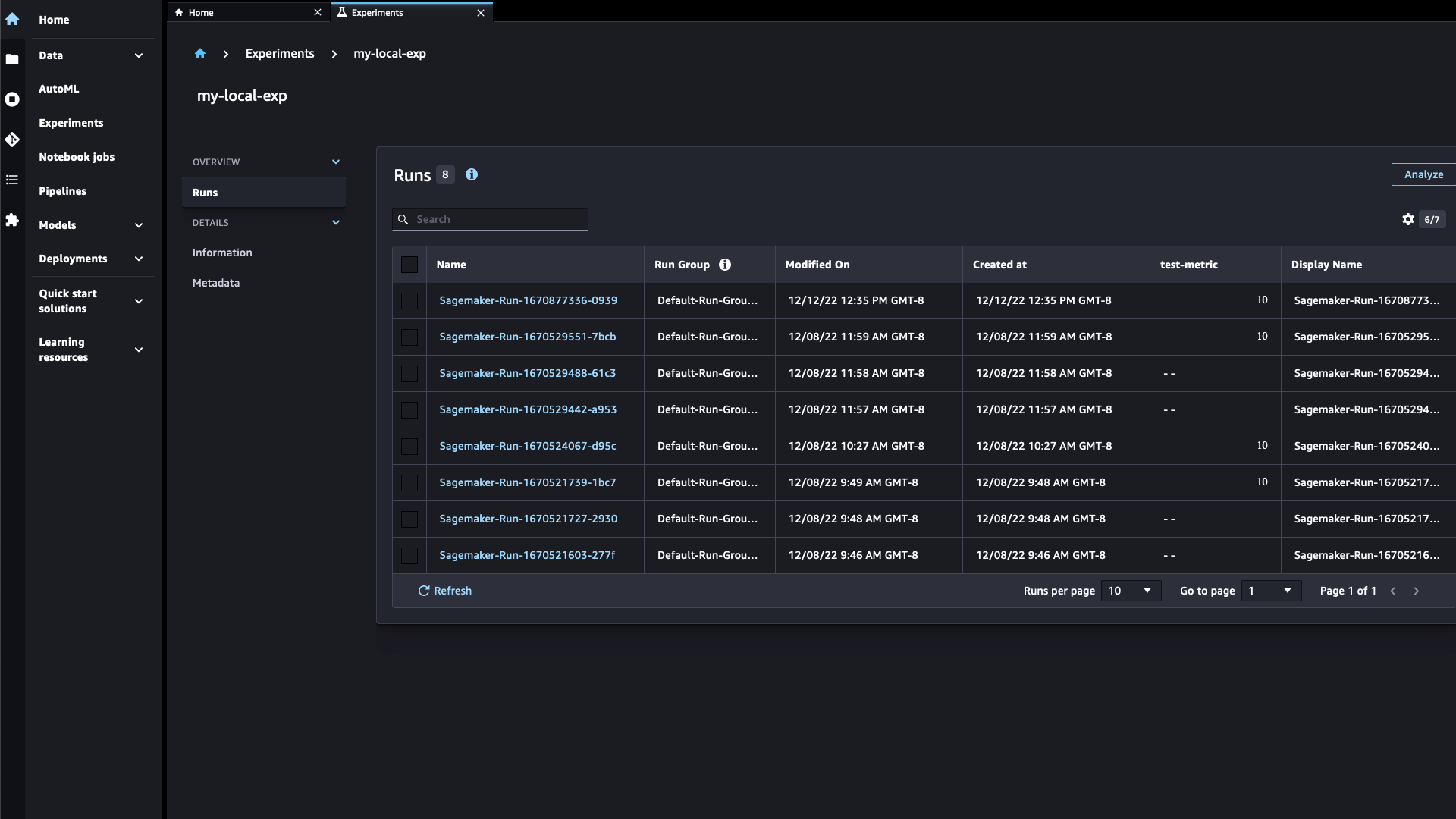 A list of experiment runs in the SageMaker Experiments UI