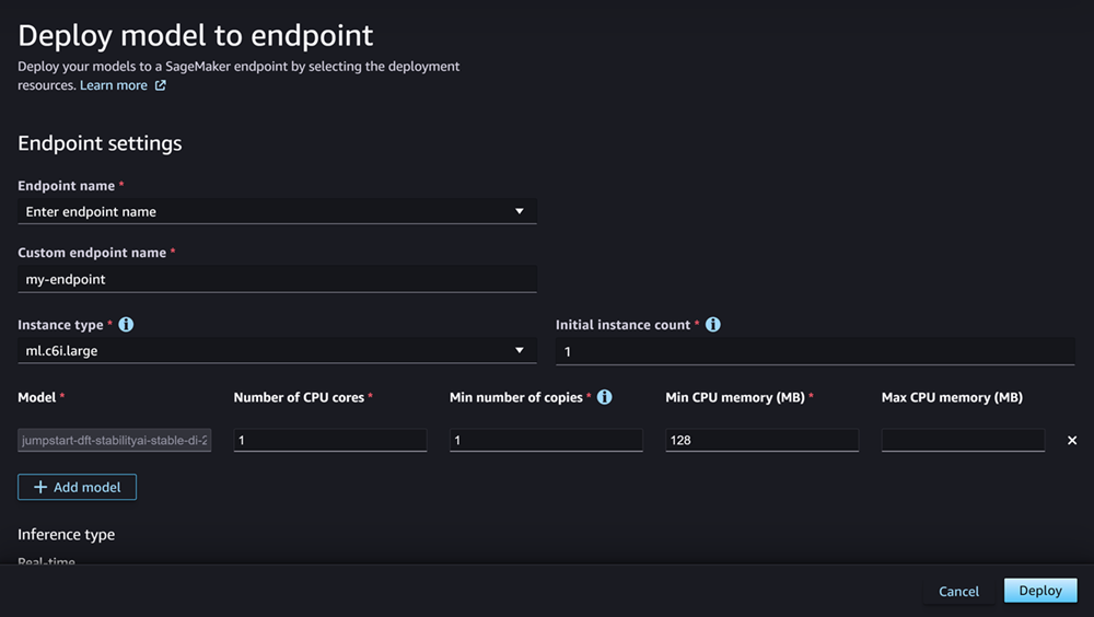 Screenshot of the Deploy model page in Studio.