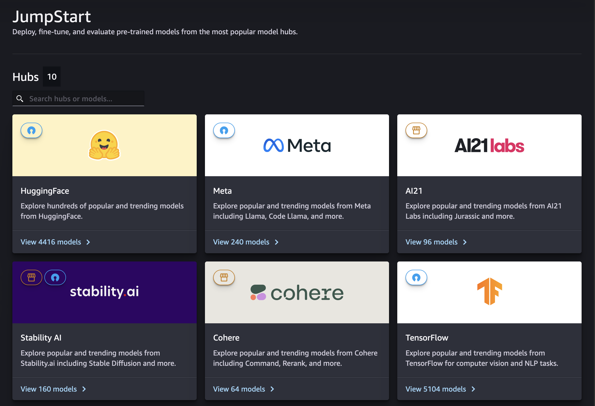 Amazon SageMaker Studio JumpStart landing page.
