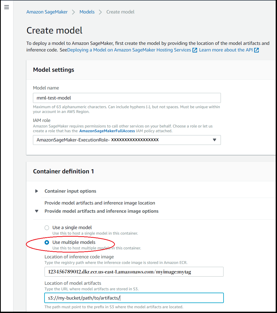 The section of the Create model page where you can choose Use multiple models.