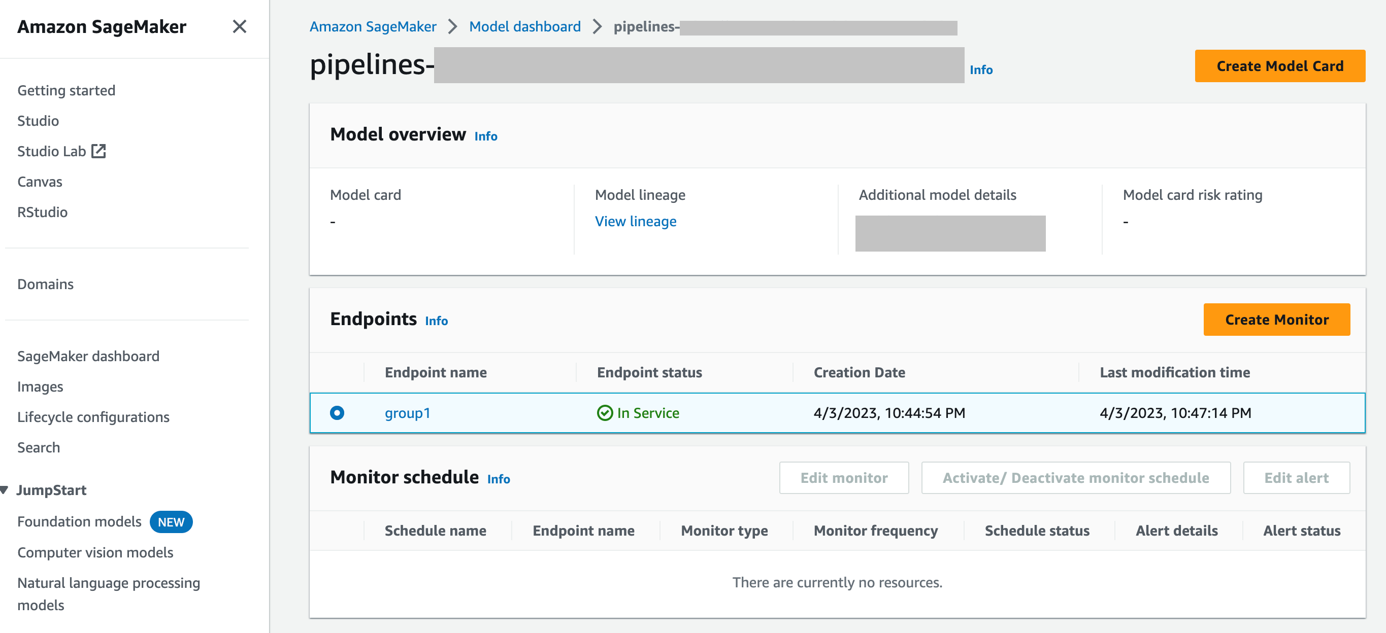 Screenshot of the Model dashboard, showing the option to create a monitoring schedule.