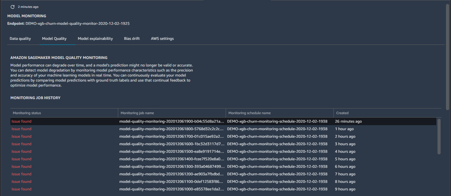 The Model Quality tab of the MOLDEL MONITORING section.