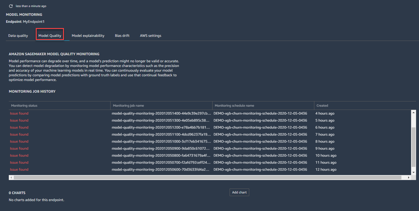 The location of the Model Quality tab in the MODEL MONITORING section.