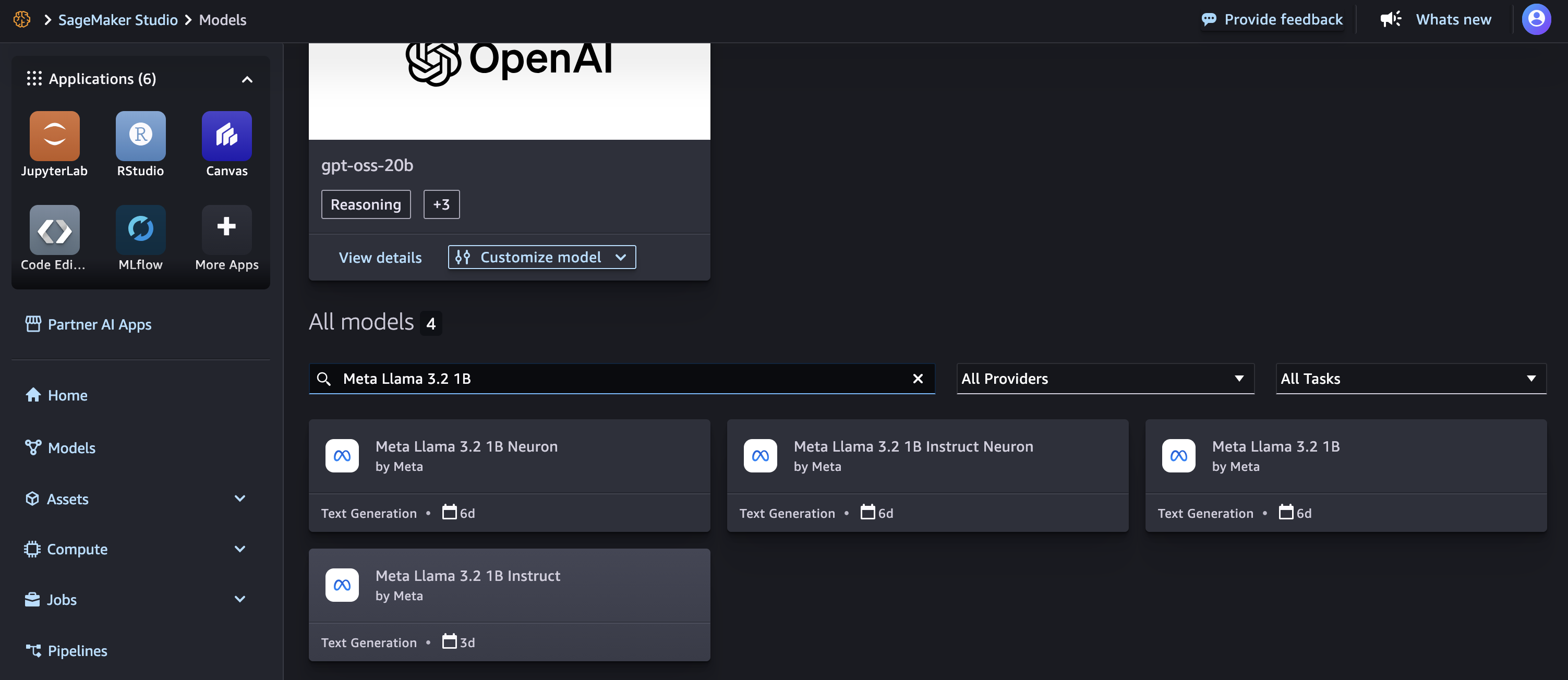 An image containing the model card and how to choose the model to customize.