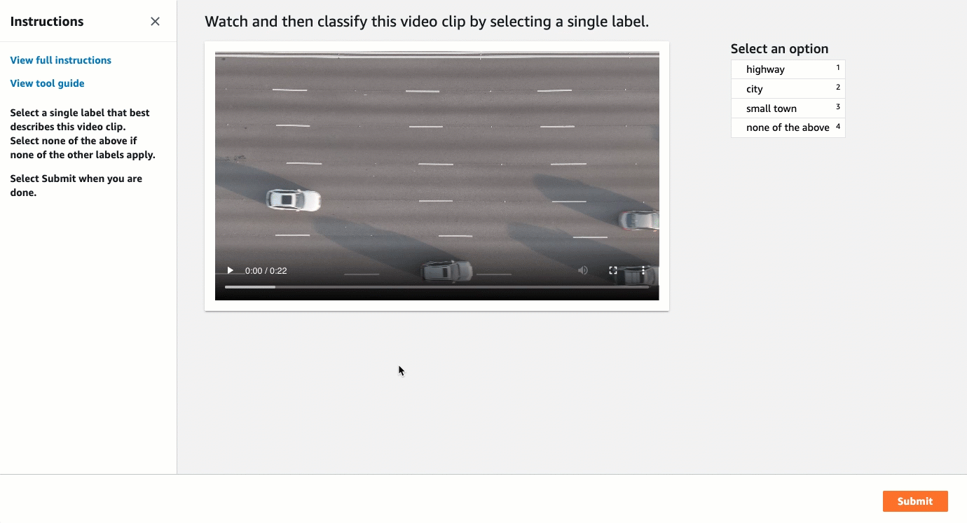 Gif showing how to create a video classification labeling job in the SageMaker AI console.