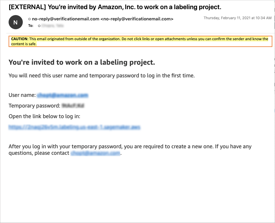 Example email invitation to work on a labeling project.