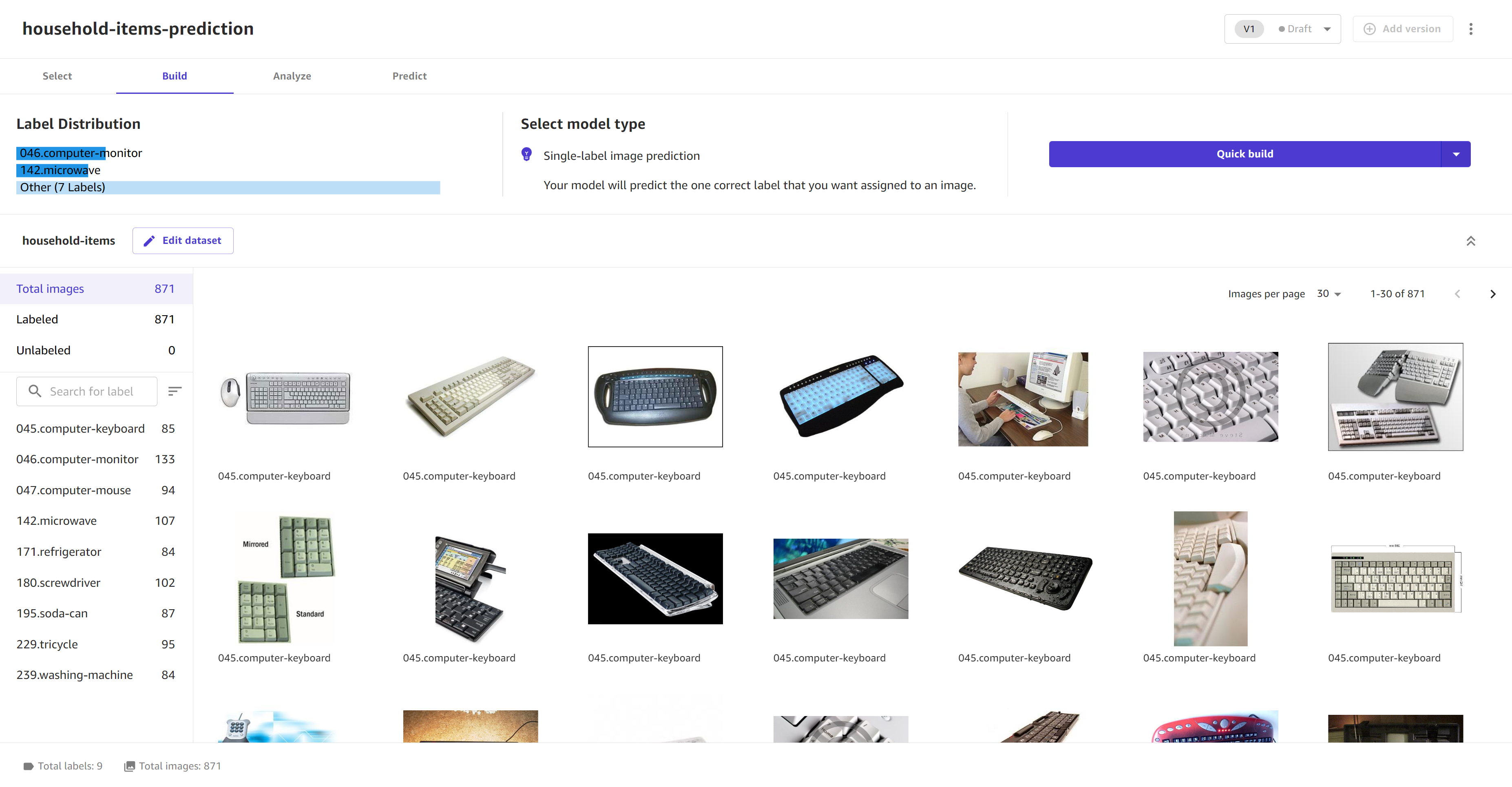 The Build page for a single-label image prediction model.