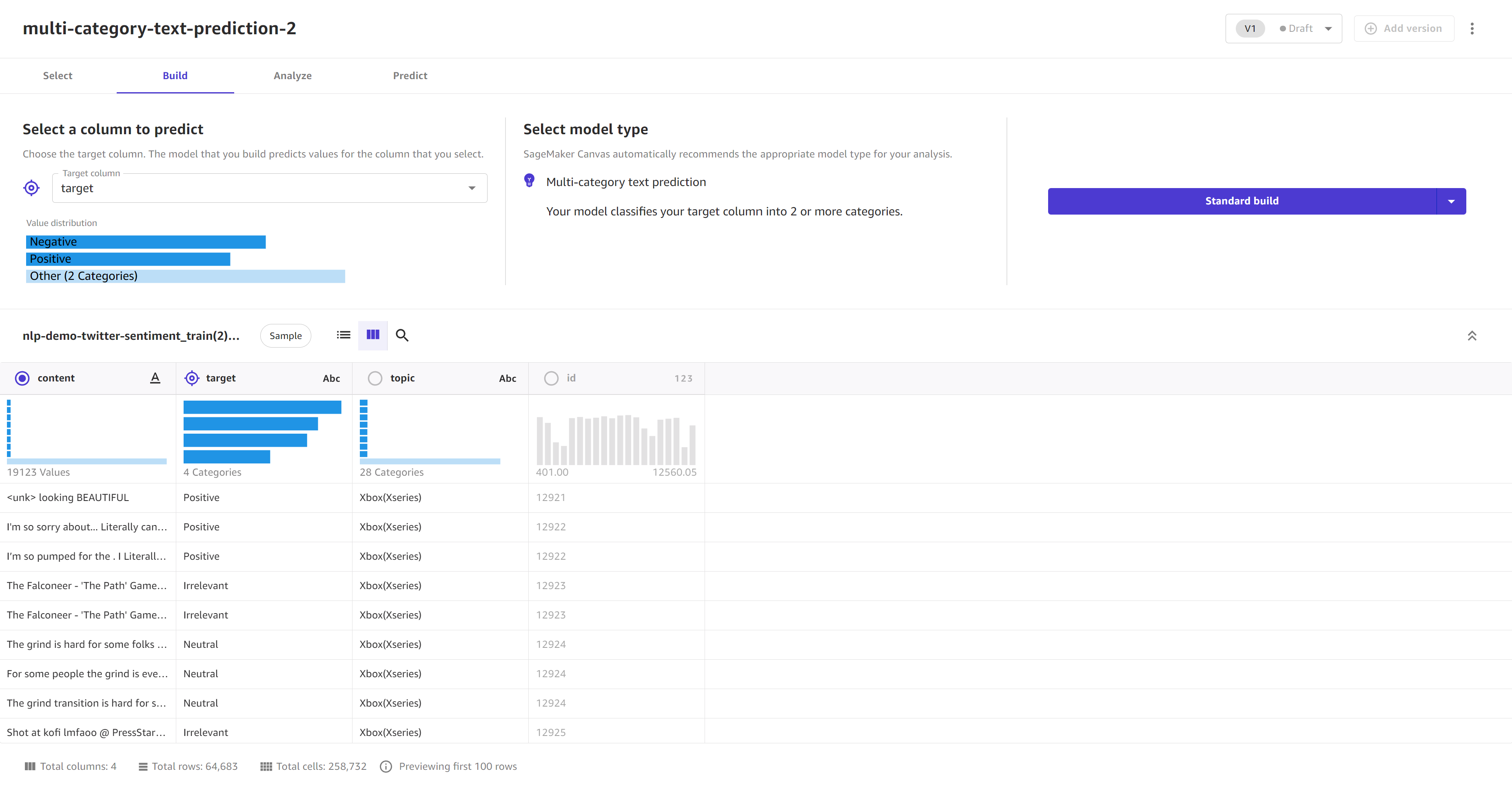 The Build page for a multi-category text prediction model.