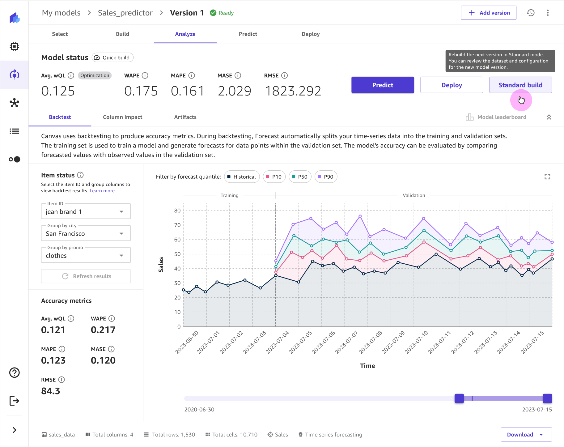 The Analyze tab of a Canvas model showing the standard build button.