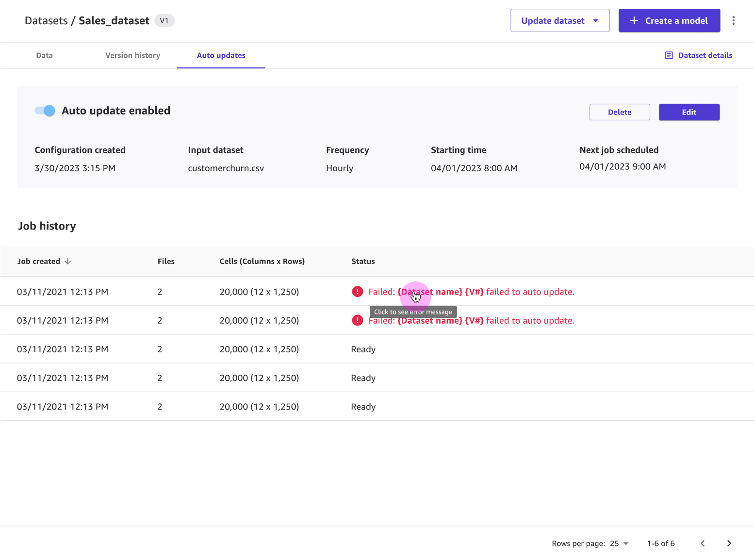 The Auto updates tab for dataset showing the auto updates turned on and a list of auto update jobs.