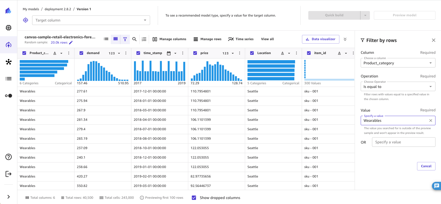 Screenshot of the filter by custom values operation in the SageMaker Canvas application.