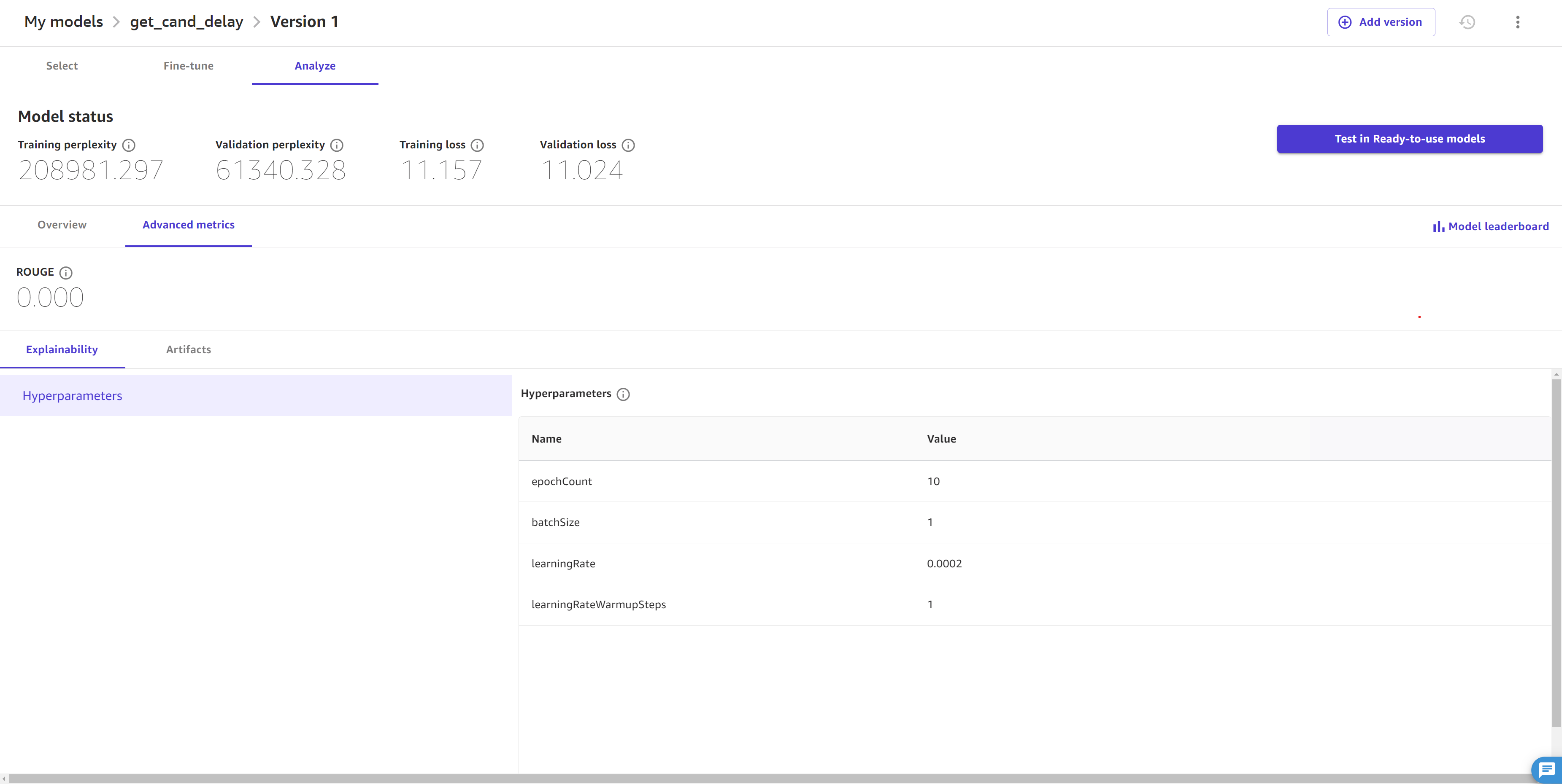 Screenshot of the Advanced metrics tab of a fine-tuned foundation model in Canvas.