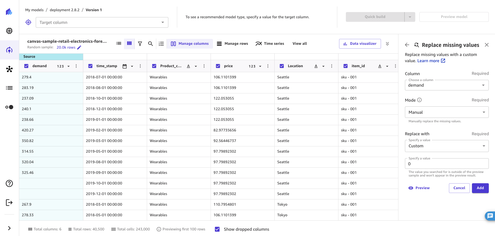 Screenshot of the replace missing values operation in the SageMaker Canvas application.
