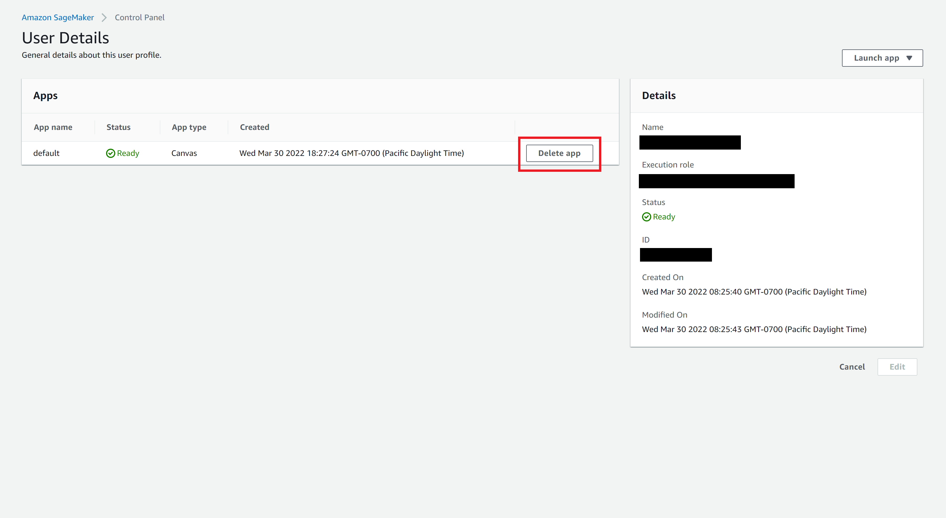 Screenshot of the user profile page with the Delete app action highlighted.