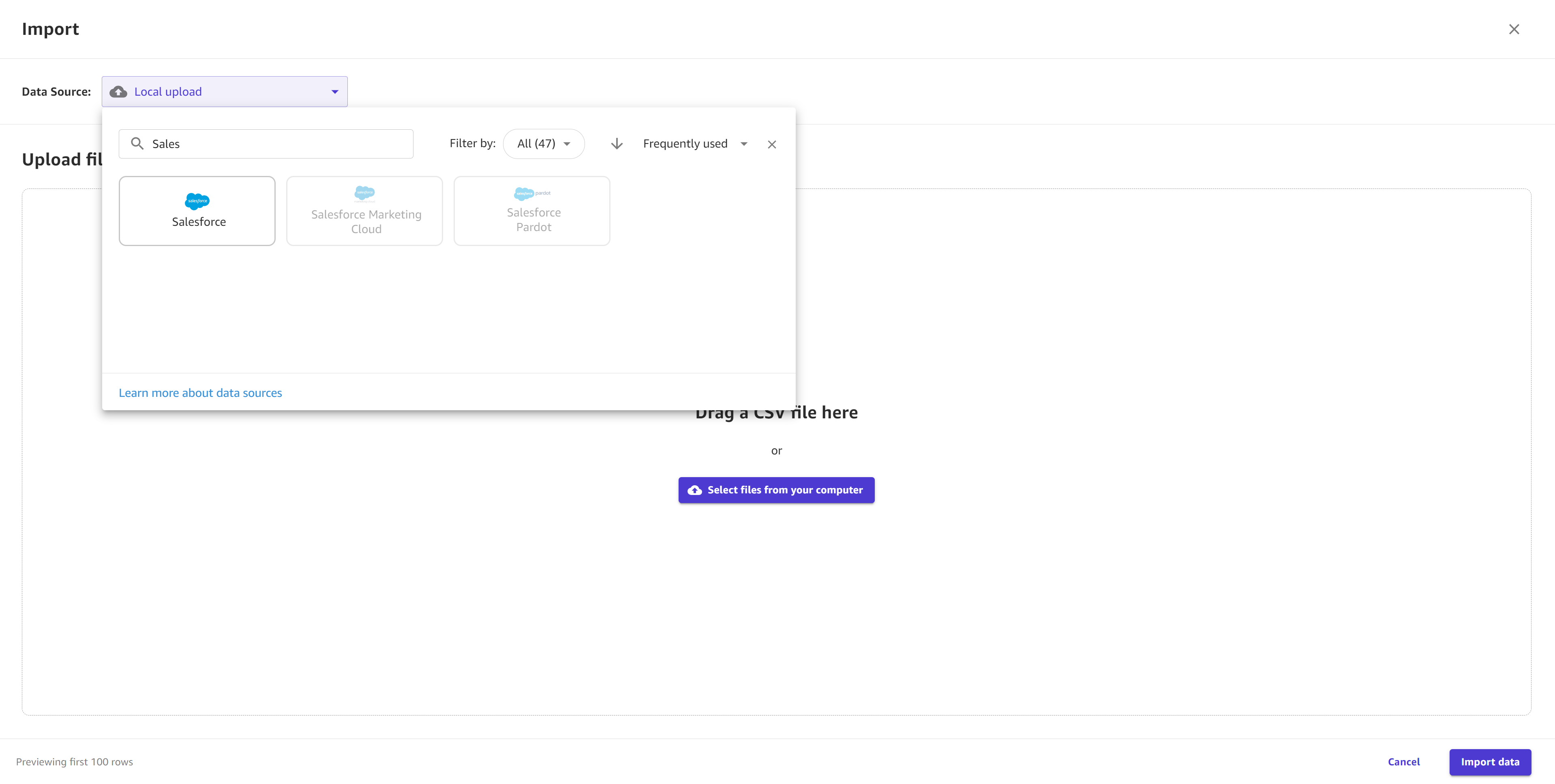 Screenshot showing the Data Source dropdown menu and a search for a data source in the search bar.