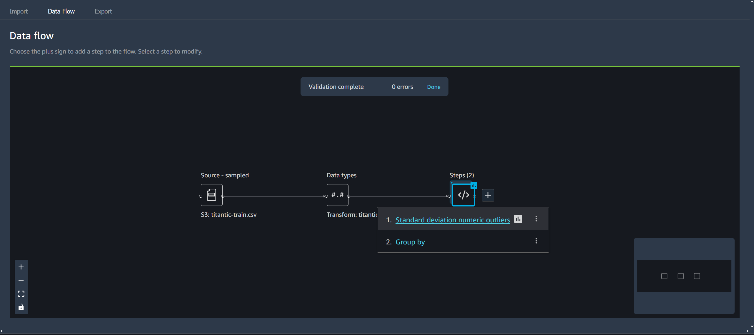 Example step in the data flow page of the Data Wrangler console.