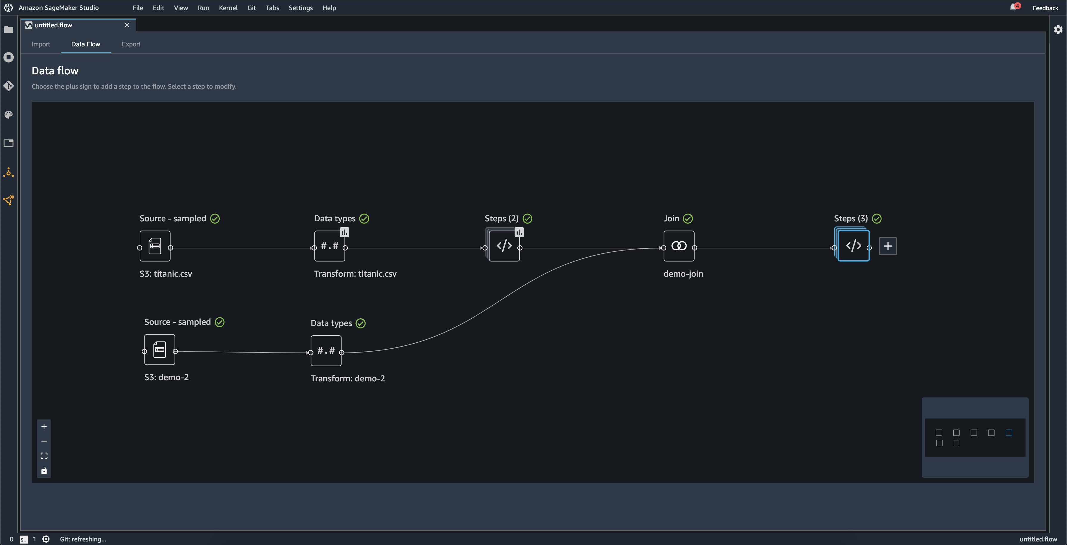 Example showing steps in the data flow page of the Data Wrangler console.