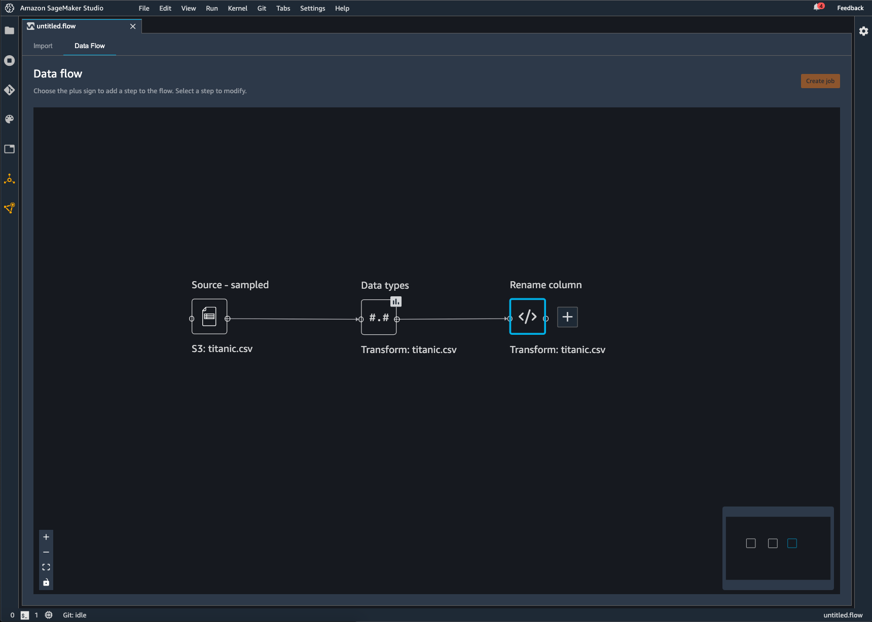 Example data flow showing two destination nodes in the Data Wrangler console.