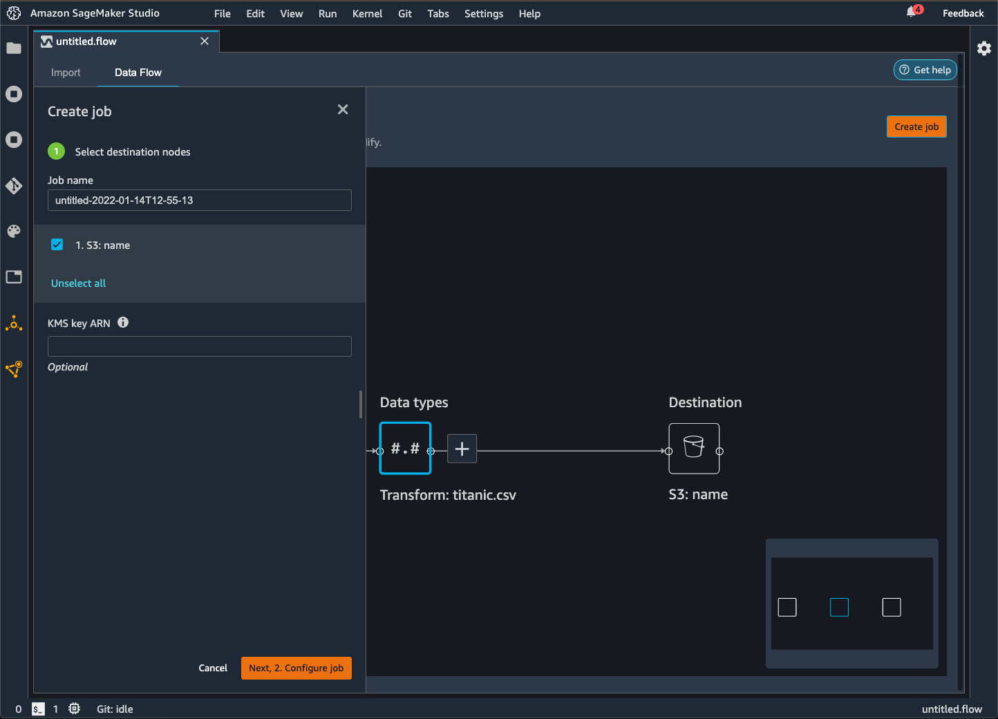 Example data flow create job pane in the Data Wrangler console.