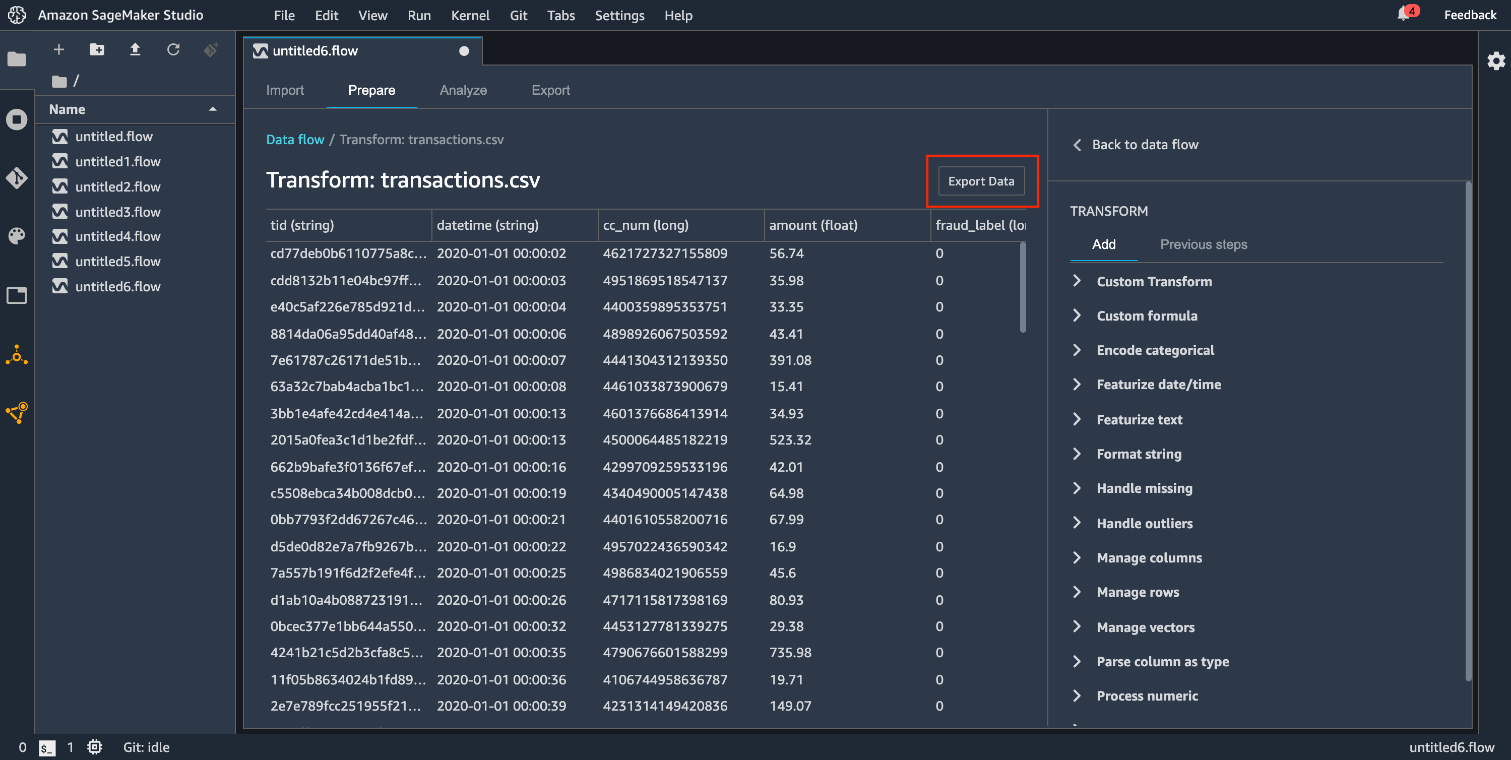 Example data flow showing how to export data in the Data Wrangler console.