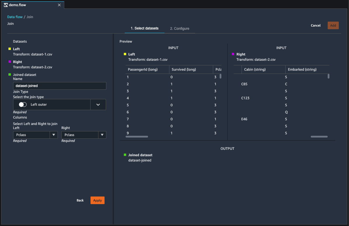 The joined dataset tables in the data flow section of the Data Wrangler console.