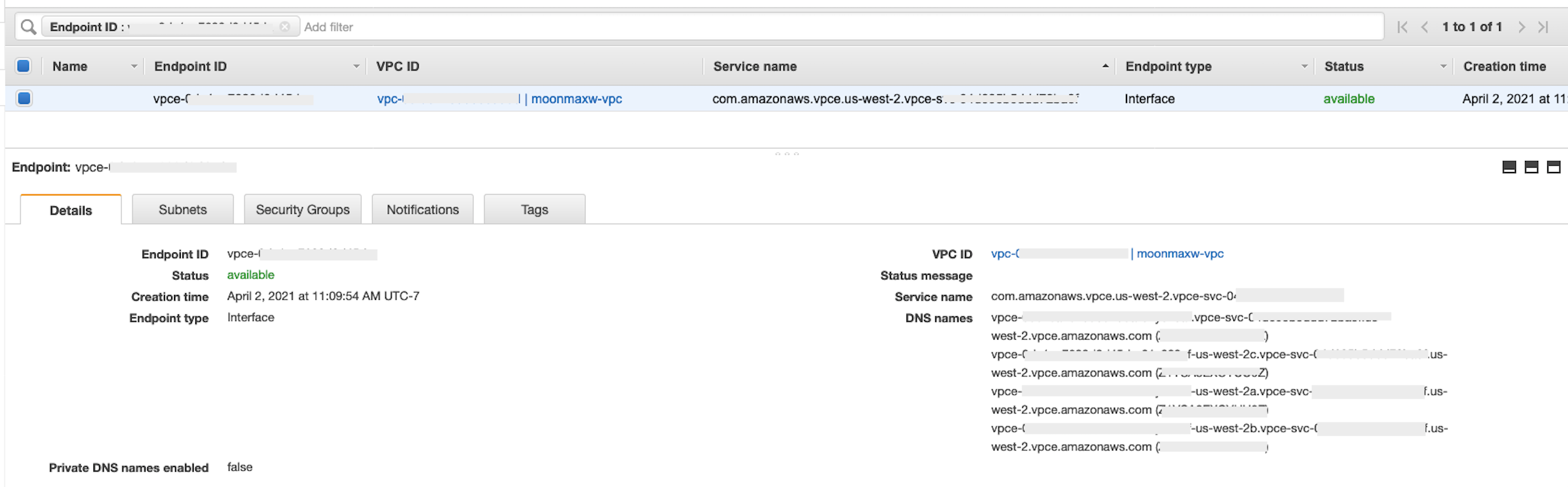 The endpoint Details section.