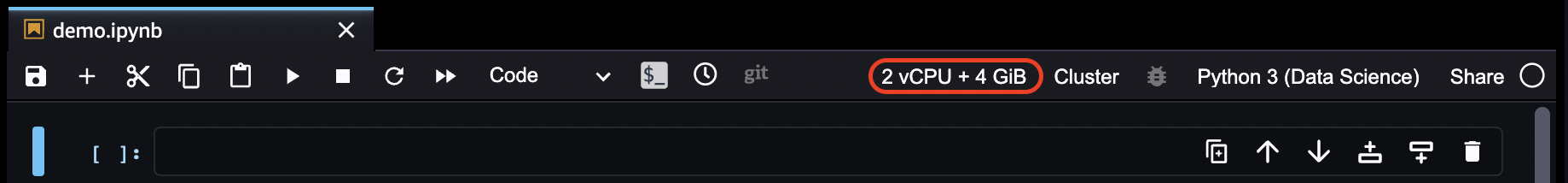 The location of the processor and memory of the instance type for the Studio Classic notebook.