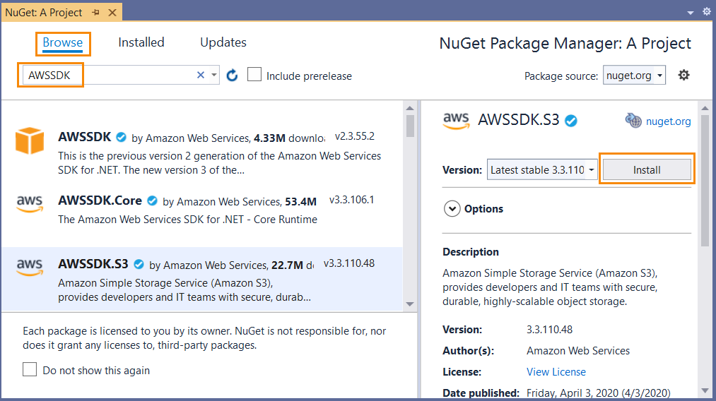 AWSSDK.S3 package shown in NuGet Packages Manager.
