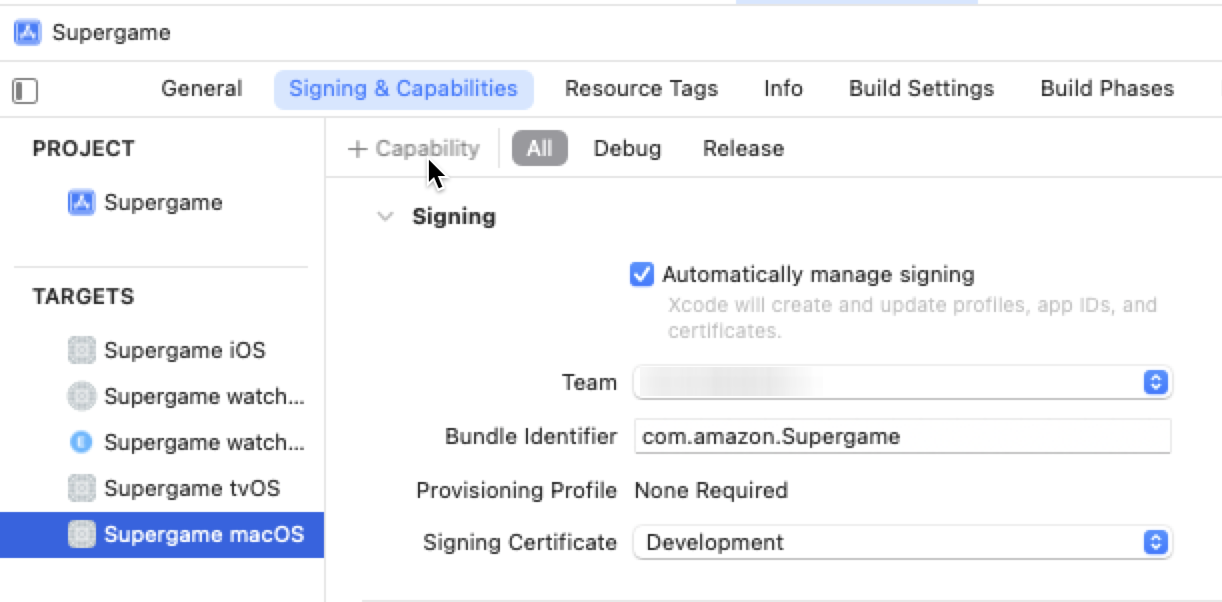 Xcode project settings panel showing Signing & Capabilities tab for Supergame macOS target.