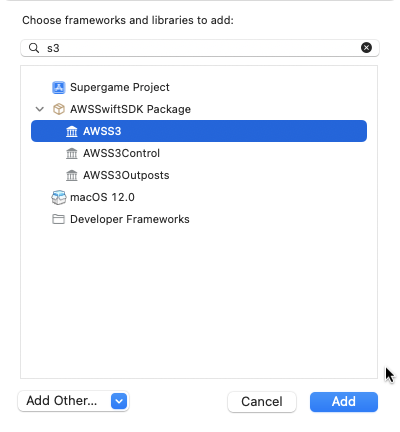 Add SDK for Swift libraries by using the Xcode library picker.