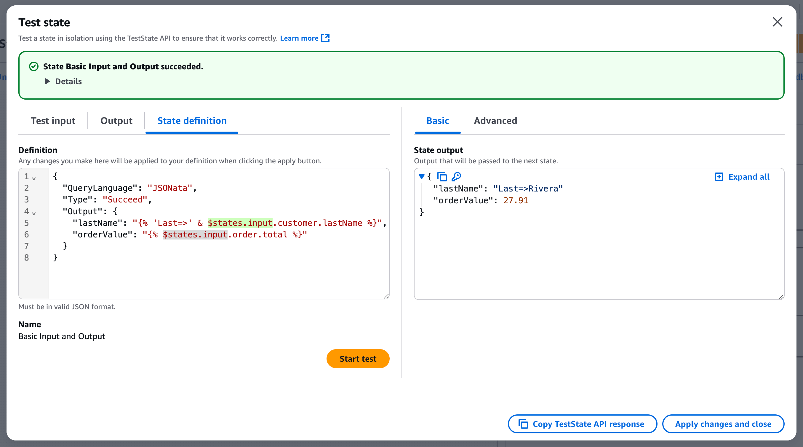 Screenshot showing input and output of a state under test.