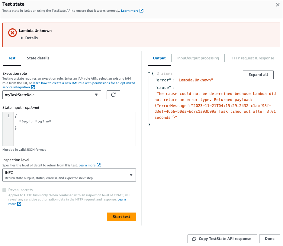 Screenshot of output at INFO level for a failed test.