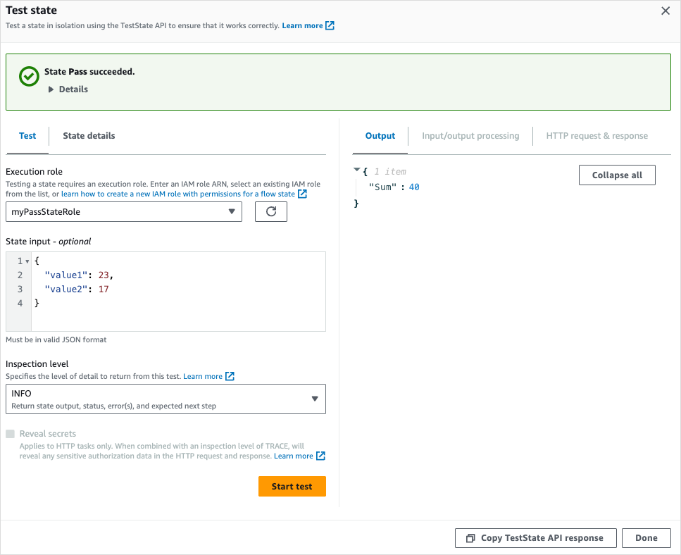 Screenshot of output at INFO level for a passed test.